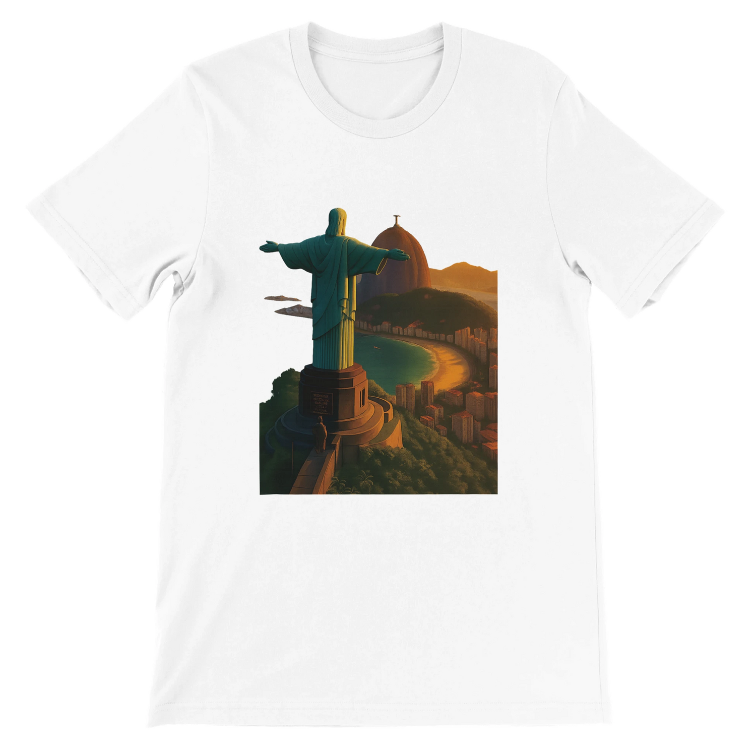 White animated Christ the Redeemer t-shirt featuring Rio de Janeiro Brazil travel art in vibrant colors. Premium DTG printed cotton tee with unisex streetwear style perfect for travelers and culture lovers.