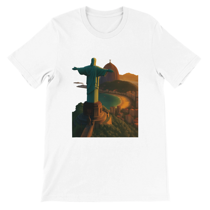 White animated Christ the Redeemer t-shirt featuring Rio de Janeiro Brazil travel art in vibrant colors. Premium DTG printed cotton tee with unisex streetwear style perfect for travelers and culture lovers.