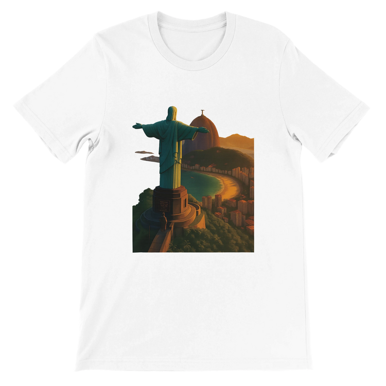 White animated Christ the Redeemer t-shirt featuring Rio de Janeiro Brazil travel art in vibrant colors. Premium DTG printed cotton tee with unisex streetwear style perfect for travelers and culture lovers.