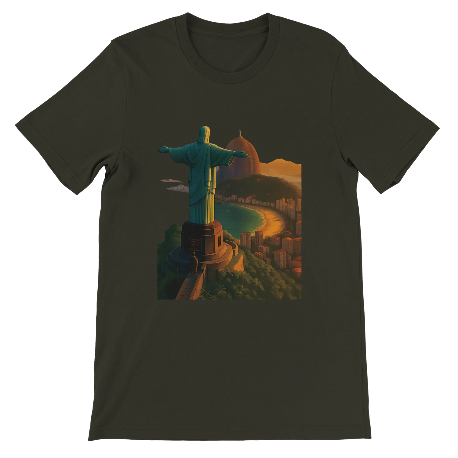 Dark olive animated landmark t-shirt with Christ the Redeemer Rio de Janeiro Brazil design. Soft DTG printed unisex streetwear tee perfect for cultural fashion and global travel style.