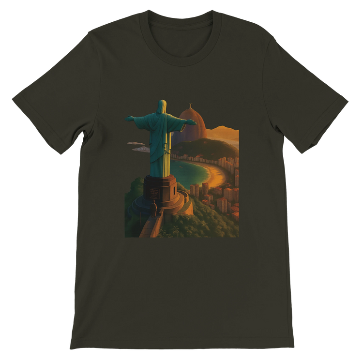 Dark olive animated landmark t-shirt with Christ the Redeemer Rio de Janeiro Brazil design. Soft DTG printed unisex streetwear tee perfect for cultural fashion and global travel style.