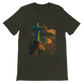 Dark olive animated landmark t-shirt with Christ the Redeemer Rio de Janeiro Brazil design. Soft DTG printed unisex streetwear tee perfect for cultural fashion and global travel style.
