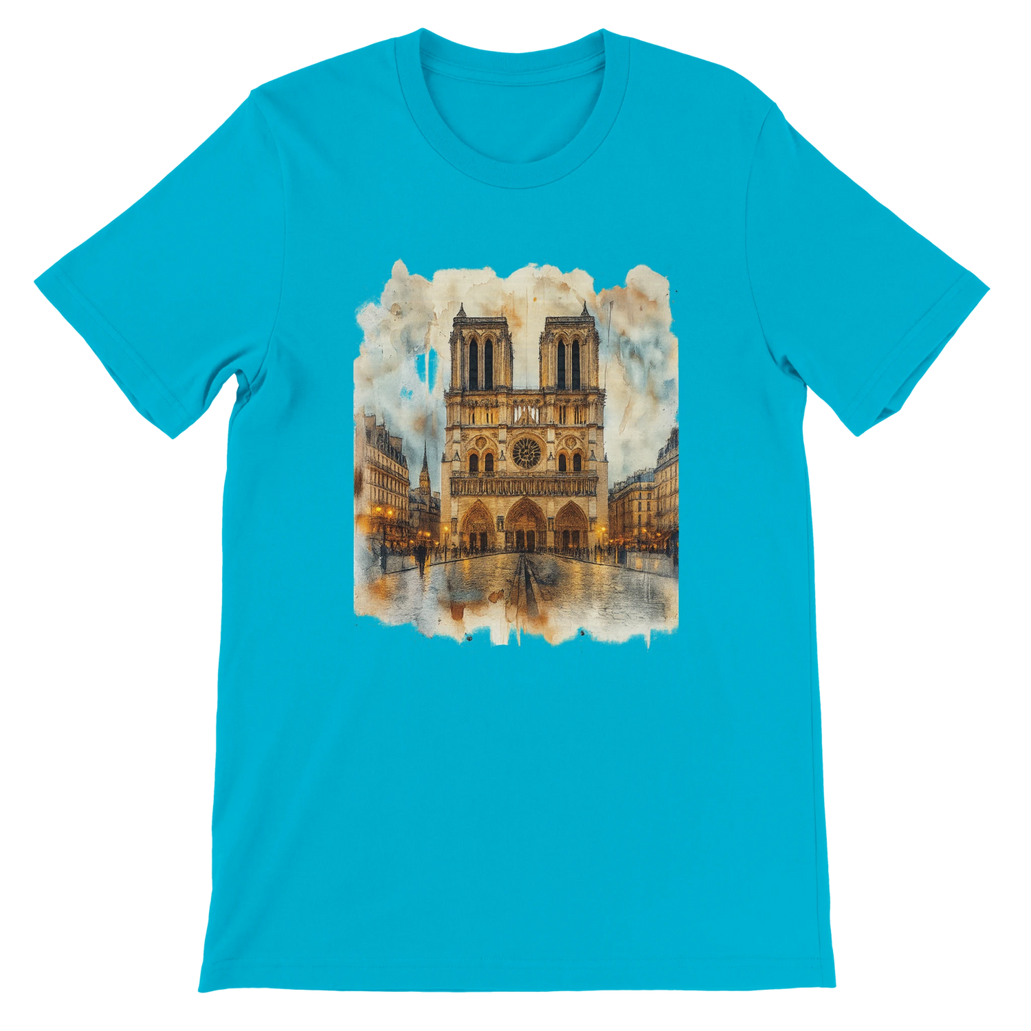 Turquoise Paris Notre Dame Cathedral printed t shirt with artistic animated landmark design for urban streetwear style. Soft breathable Airlume cotton fabric with premium DTG print quality. Ideal for travel fashion lovers, cultural explorers, and statement casual wear.