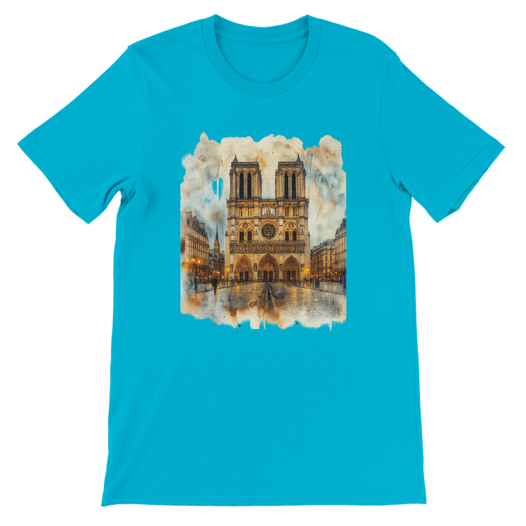 Turquoise Paris Notre Dame Cathedral printed t shirt with artistic animated landmark design for urban streetwear style. Soft breathable Airlume cotton fabric with premium DTG print quality. Ideal for travel fashion lovers, cultural explorers, and statement casual wear.