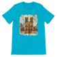 Turquoise Paris Notre Dame Cathedral printed t shirt with artistic animated landmark design for urban streetwear style. Soft breathable Airlume cotton fabric with premium DTG print quality. Ideal for travel fashion lovers, cultural explorers, and statement casual wear.