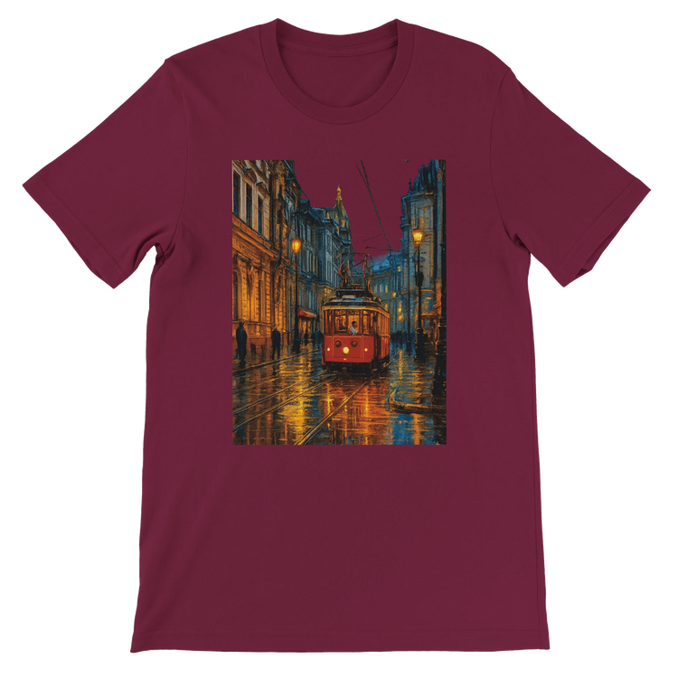 Maroon unisex premium cotton t-shirt with vibrant animated Taksim Street Istanbul travel design ideal for stylish world landmark apparel urban fashion lovers and travelers who wear their passion