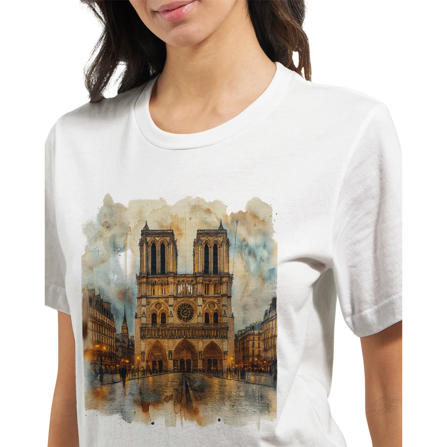 Stylish Paris Notre Dame Cathedral travel t shirt with unique animated illustration. High quality DTG printed unisex tee for streetwear, global culture fashion, and modern casual wear.