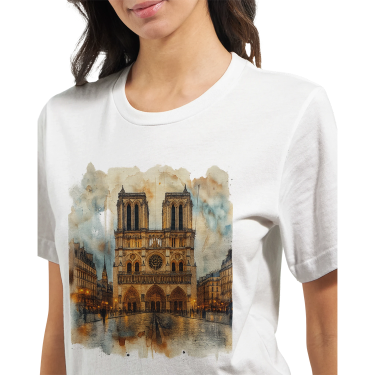 Stylish Paris Notre Dame Cathedral travel t shirt with unique animated illustration. High quality DTG printed unisex tee for streetwear, global culture fashion, and modern casual wear.
