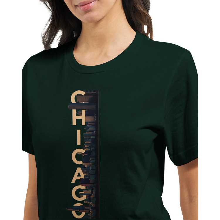Chicago souvenir t shirt with colorful animated skyline design premium cotton travel gift for men and women perfect keepsake for Chicago fans and tourists