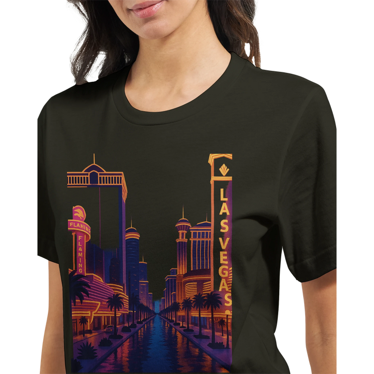 Premium cotton unisex tee with animated Las Vegas skyline design ideal for wanderlust travelers festival wear and modern graphic street style.