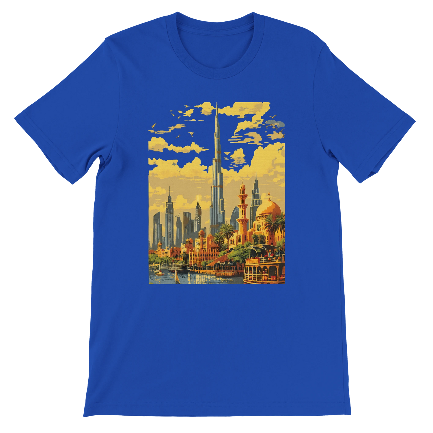 True royal blue Burj Khalifa Dubai animated skyline t shirt featuring bright landmark artwork for travelers modern city lovers and streetwear culture fans soft cotton premium quality tee perfect for urban casual outfits and global fashion lovers