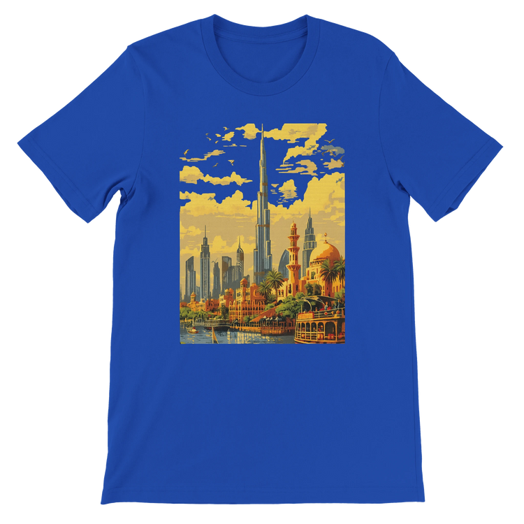 True royal blue Burj Khalifa Dubai animated skyline t shirt featuring bright landmark artwork for travelers modern city lovers and streetwear culture fans soft cotton premium quality tee perfect for urban casual outfits and global fashion lovers