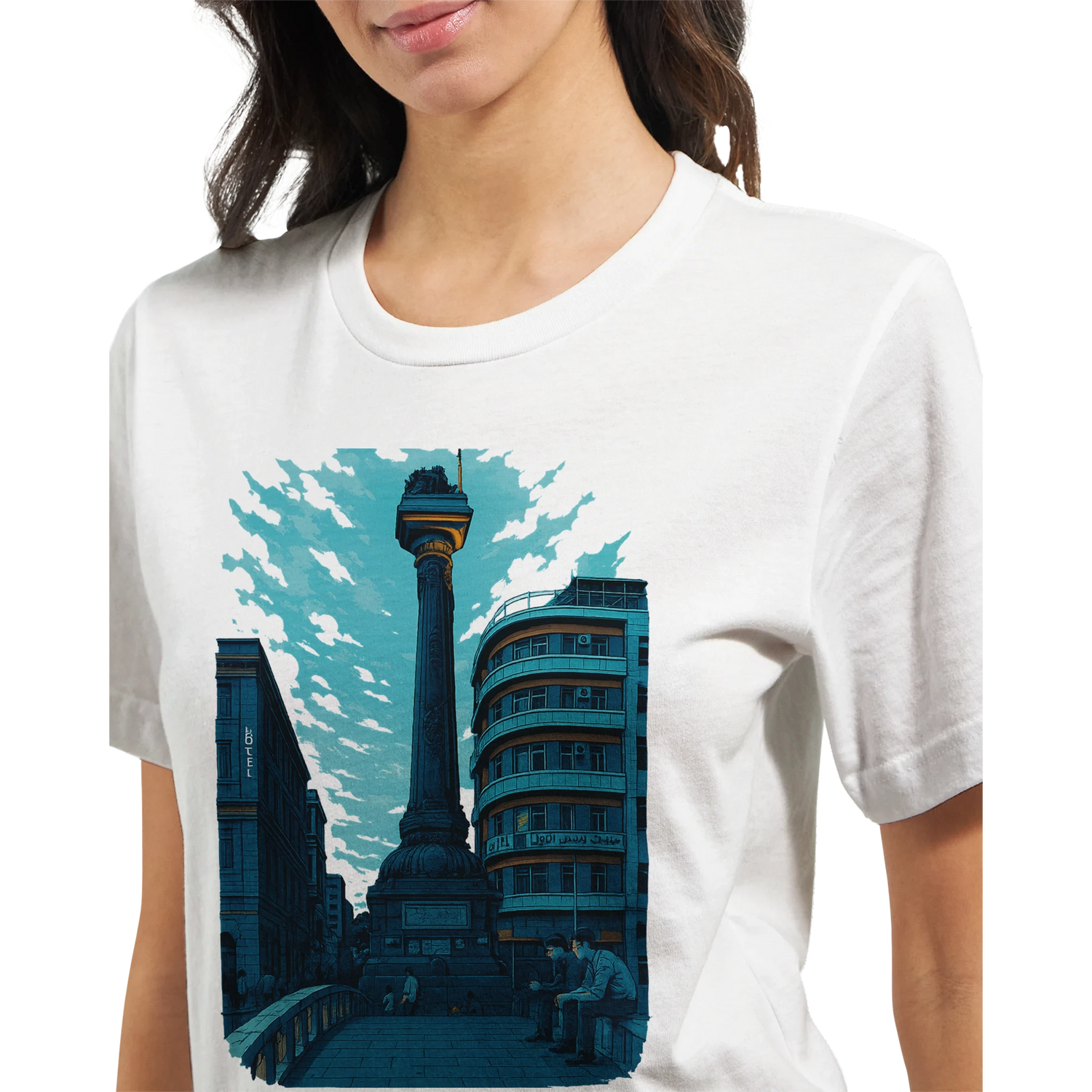 World travel souvenir T shirt with animated Al Marjeh Square Damascus Syria artwork soft and durable cotton tee ideal for global travel lovers souvenir collectors and artistic fashion enthusiasts