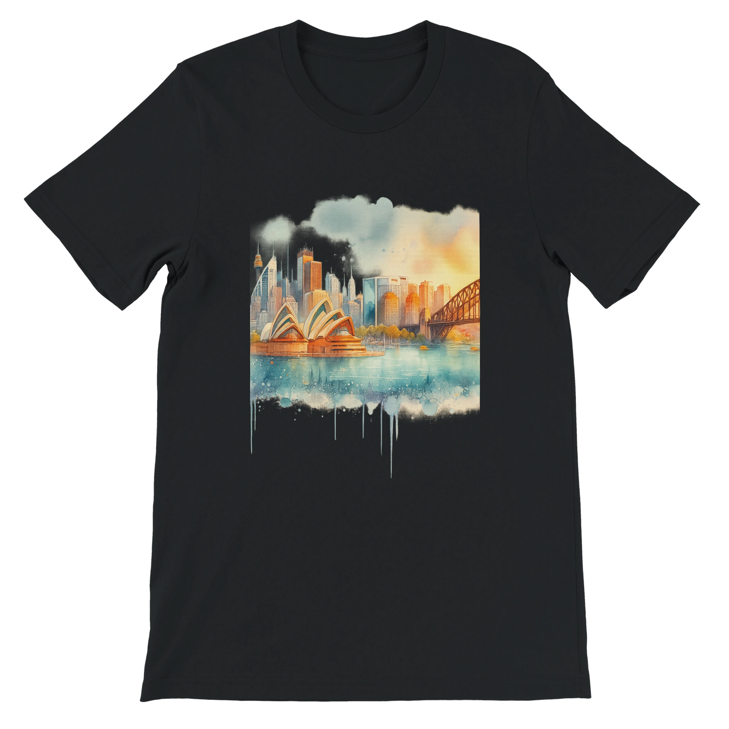 Black DTG printed Sydney Opera House and Harbour Bridge t-shirt with animated landmark design. Streetwear-ready, travel-friendly, soft cotton unisex shirt crafted for cultural fashion, artistic expression, and modern lifestyle wear.