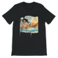 Black DTG printed Sydney Opera House and Harbour Bridge t-shirt with animated landmark design. Streetwear-ready, travel-friendly, soft cotton unisex shirt crafted for cultural fashion, artistic expression, and modern lifestyle wear.