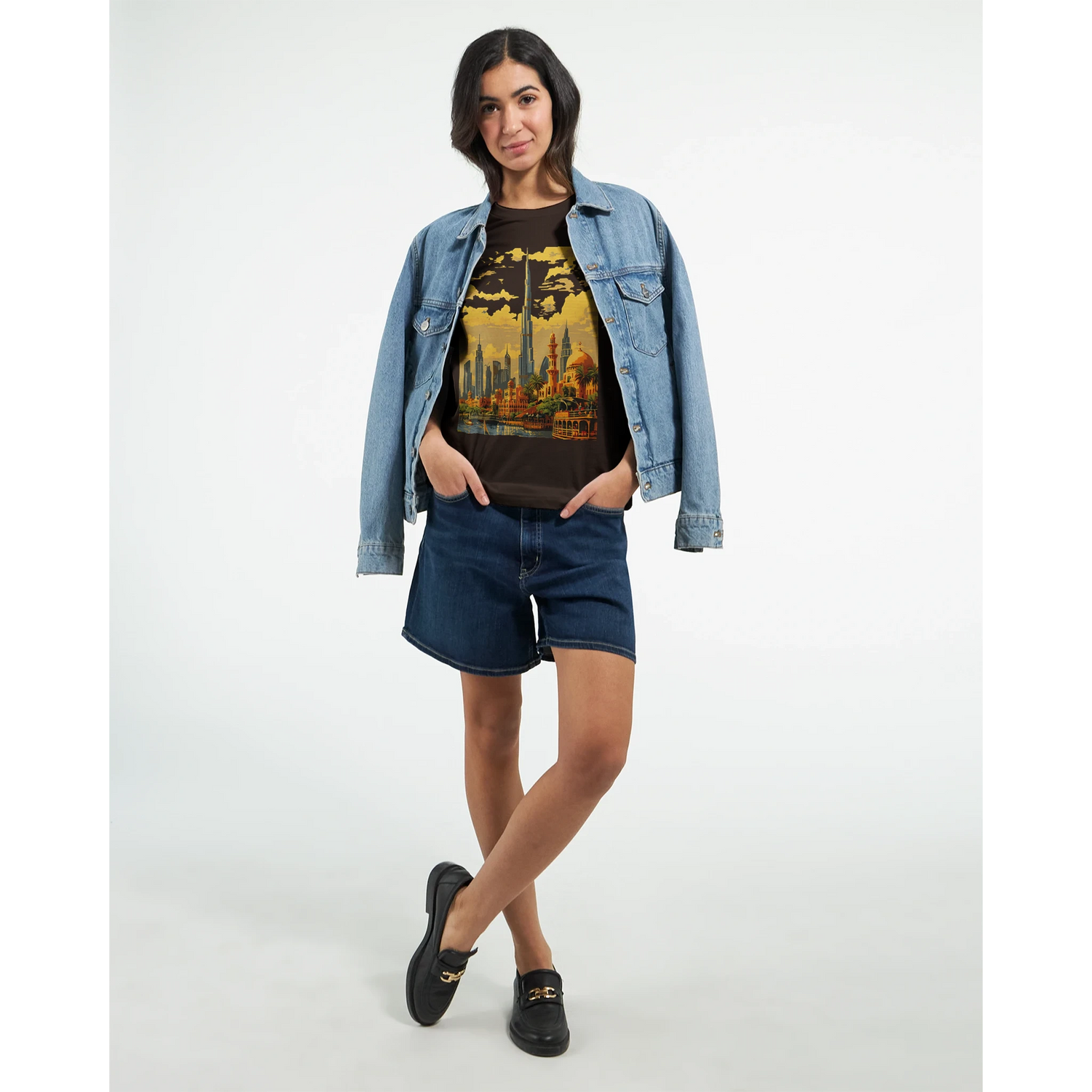 Dubai Burj Khalifa animated art graphic tee featuring colorful skyscraper illustration and modern city skyline design perfect for travel fashion lovers urban explorers and architectural art enthusiasts premium soft cotton t shirt ideal for print on demand collections