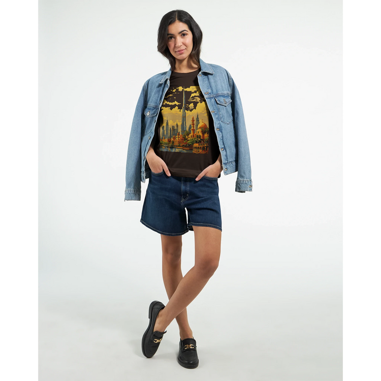 Dubai Burj Khalifa animated art graphic tee featuring colorful skyscraper illustration and modern city skyline design perfect for travel fashion lovers urban explorers and architectural art enthusiasts premium soft cotton t shirt ideal for print on demand collections