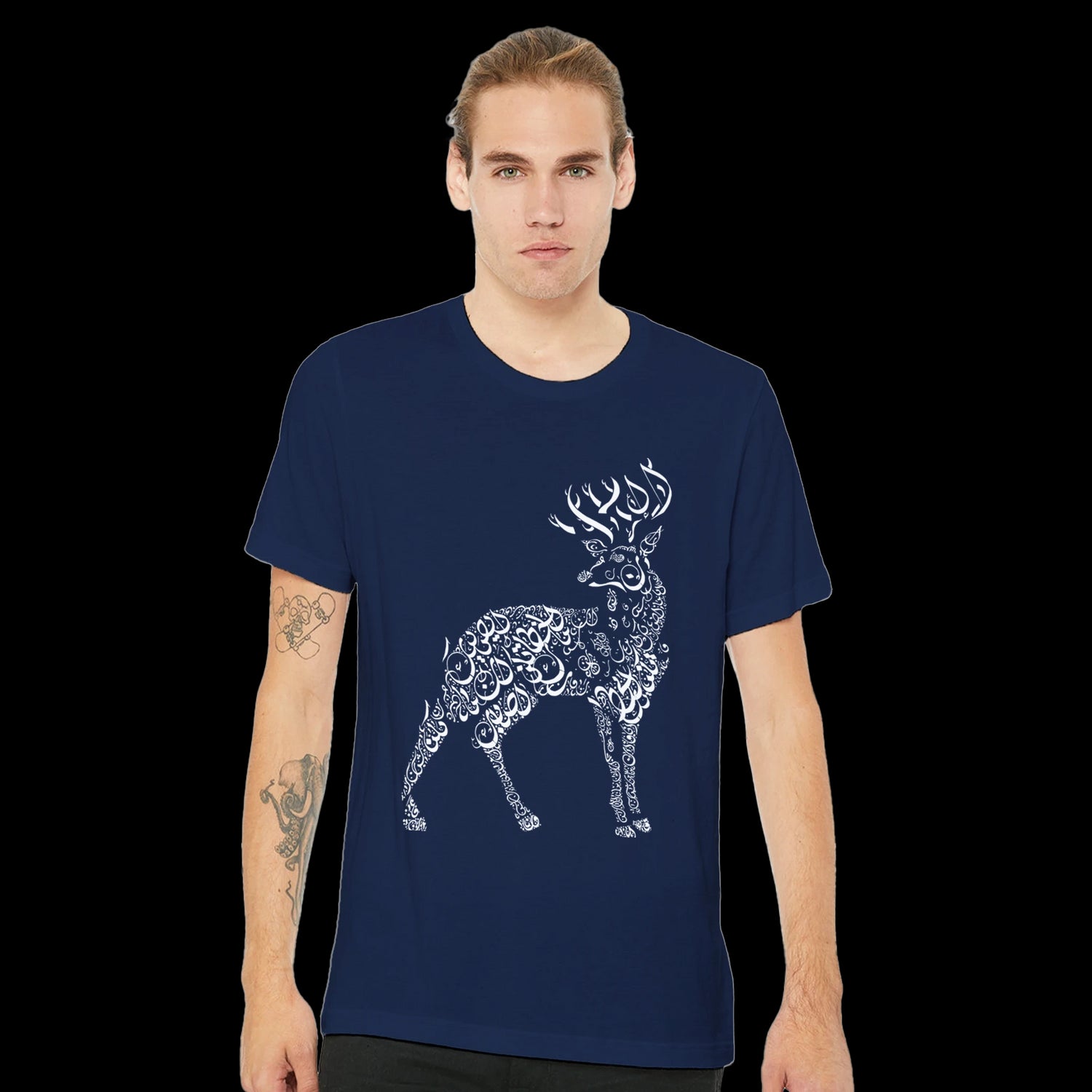 Contemporary Arabic art t-shirt with unique deer calligraphy design, tailored fit and breathable cotton material. Perfect for creative streetwear, print-on-demand businesses, and fashion brands celebrating Middle Eastern or Islamic-inspired aesthetics.