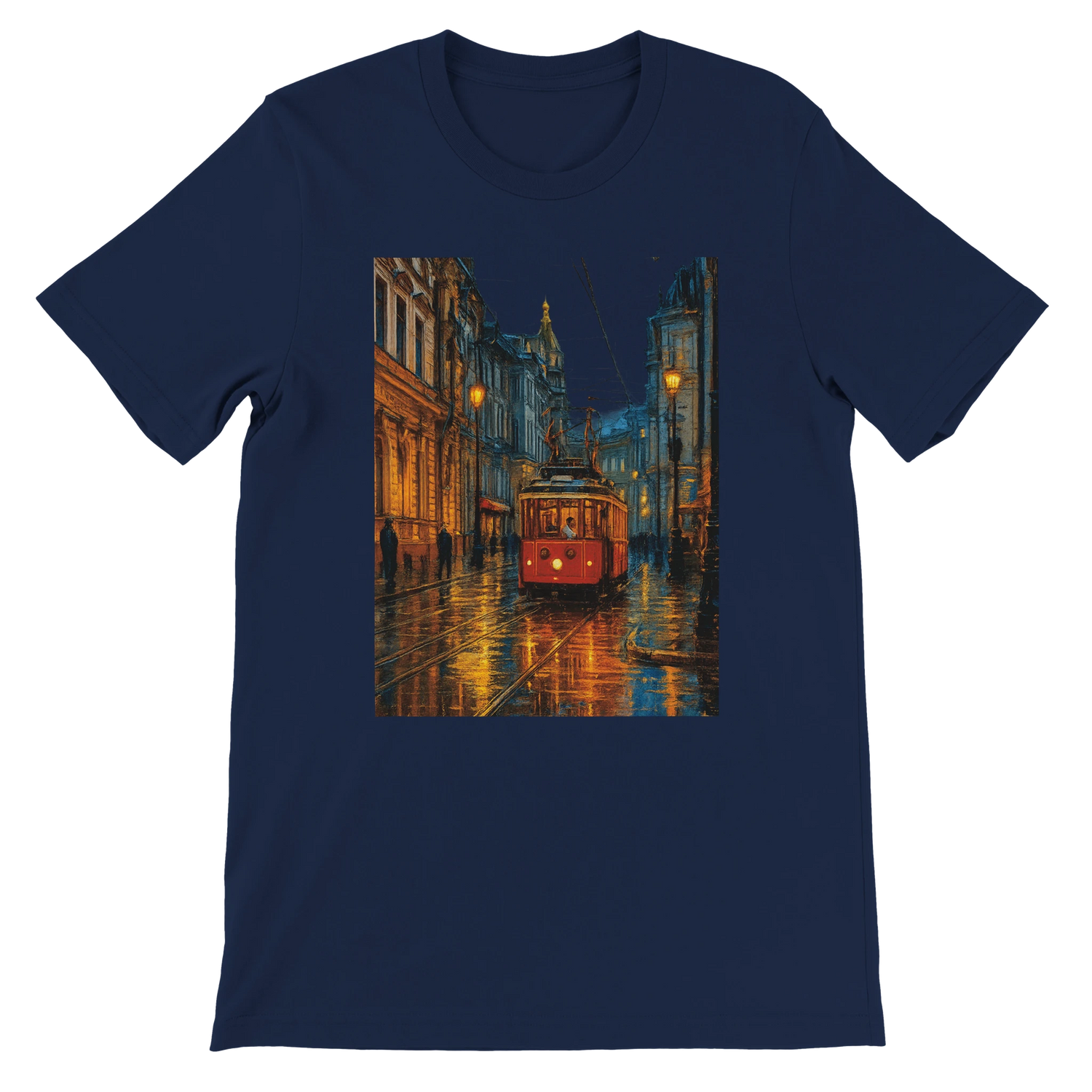 Navy blue unisex premium cotton t-shirt featuring animated Istanbul Taksim Street city scene perfect for stylish streetwear travel apparel and world landmark graphic tee collectors