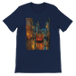 Navy blue unisex premium cotton t-shirt featuring animated Istanbul Taksim Street city scene perfect for stylish streetwear travel apparel and world landmark graphic tee collectors