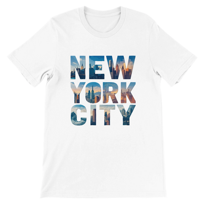 White New York City graphic t shirt featuring animated skyline design inside the words New York City premium soft cotton tee with unisex fit perfect urban streetwear shirt for travelers dreamers and Big Apple lovers eco friendly fashion statement