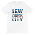 White New York City graphic t shirt featuring animated skyline design inside the words New York City premium soft cotton tee with unisex fit perfect urban streetwear shirt for travelers dreamers and Big Apple lovers eco friendly fashion statement