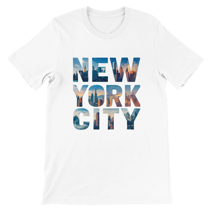 White New York City graphic t shirt featuring animated skyline design inside the words New York City premium soft cotton tee with unisex fit perfect urban streetwear shirt for travelers dreamers and Big Apple lovers eco friendly fashion statement