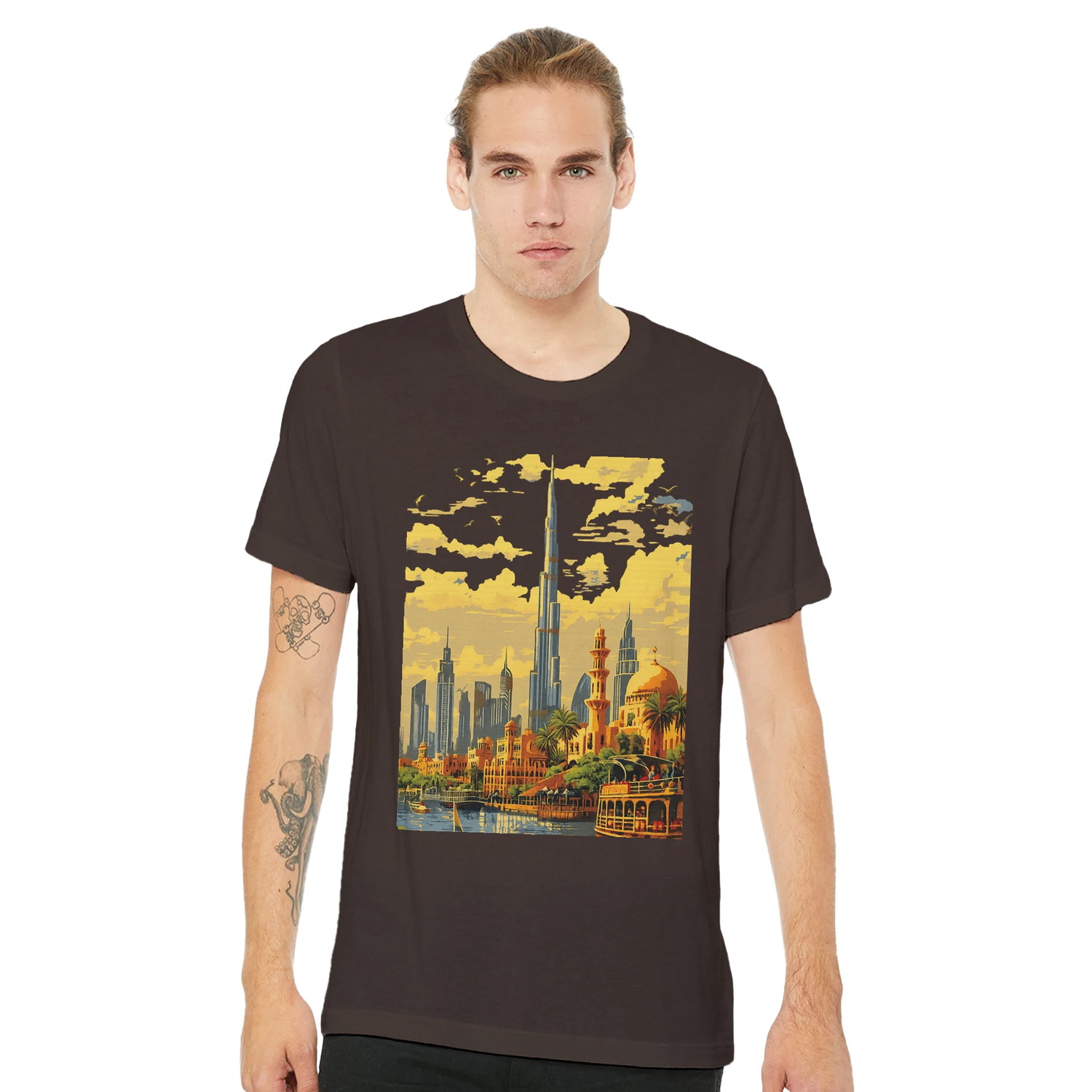 Burj Khalifa Dubai skyline illustration shirt in animated style for travelers architectural design fans and modern streetwear enthusiasts premium unisex cotton tee offering comfort style and global culture appeal ideal for print on demand fashion lines