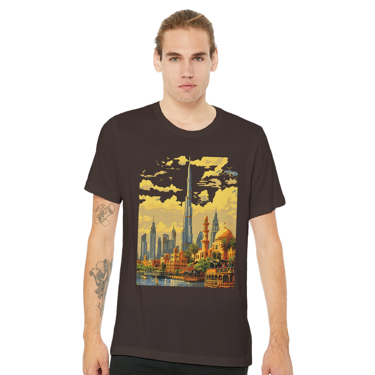Burj Khalifa Dubai skyline illustration shirt in animated style for travelers architectural design fans and modern streetwear enthusiasts premium unisex cotton tee offering comfort style and global culture appeal ideal for print on demand fashion lines