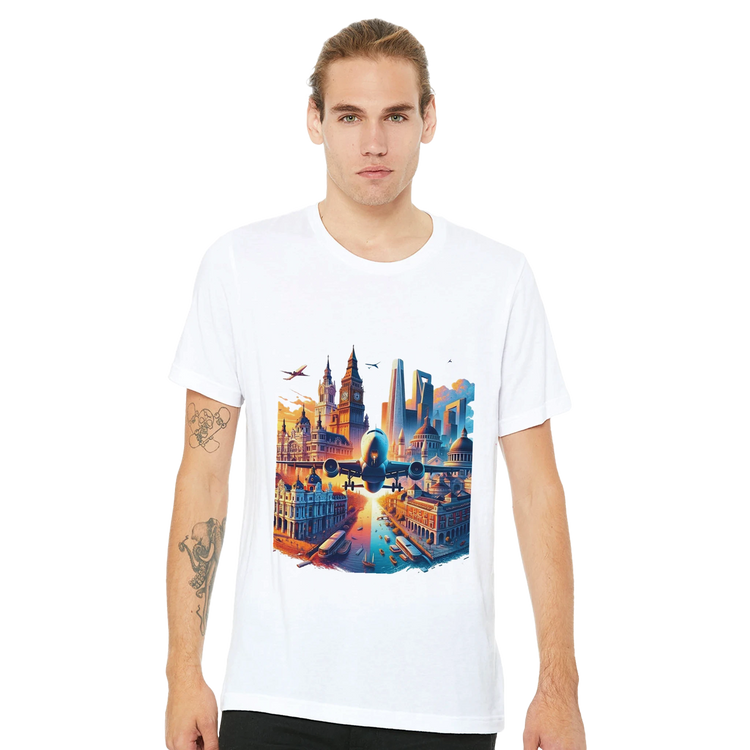 Turquoise cultural heritage t shirt with artistic animated depictions of the world’s most famous landmarks perfect for history buffs travel bloggers and art lovers who enjoy wearing global culture in modern streetwear form.
