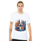 Turquoise cultural heritage t shirt with artistic animated depictions of the world’s most famous landmarks perfect for history buffs travel bloggers and art lovers who enjoy wearing global culture in modern streetwear form.