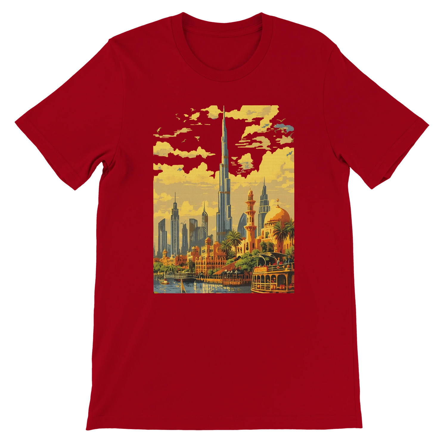 Red Burj Khalifa Dubai animated landmark t shirt with modern cityscape design for travel enthusiasts skyline fans and street style wearers comfortable cotton unisex tee perfect for urban culture lovers and print on demand fashion collections