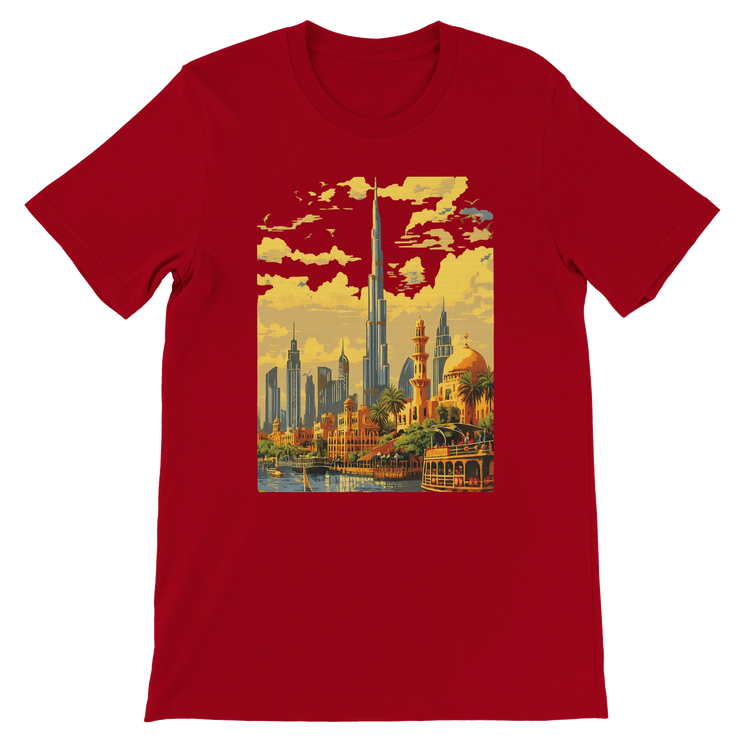 Red Burj Khalifa Dubai animated landmark t shirt with modern cityscape design for travel enthusiasts skyline fans and street style wearers comfortable cotton unisex tee perfect for urban culture lovers and print on demand fashion collections