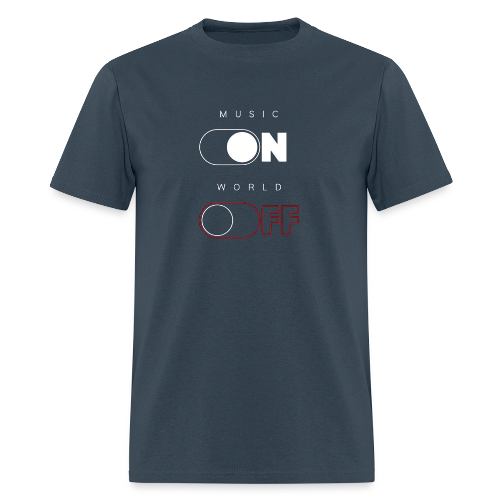 Blue dusk Music ON-World OFF cotton T-shirt.