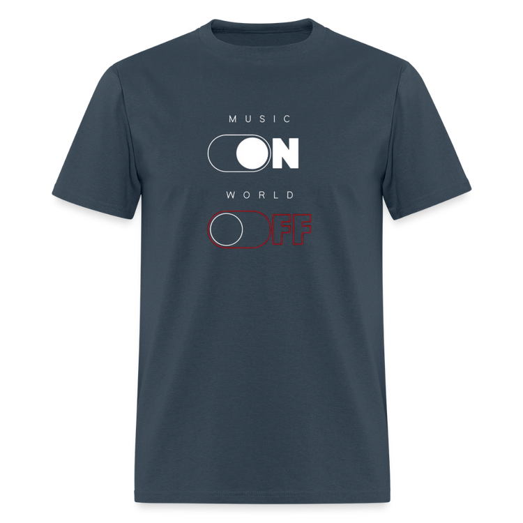Blue dusk Music ON-World OFF cotton T-shirt.