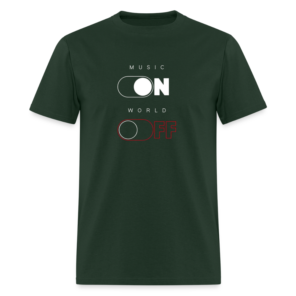 Music ON-World OFF T-shirt in forest green color.