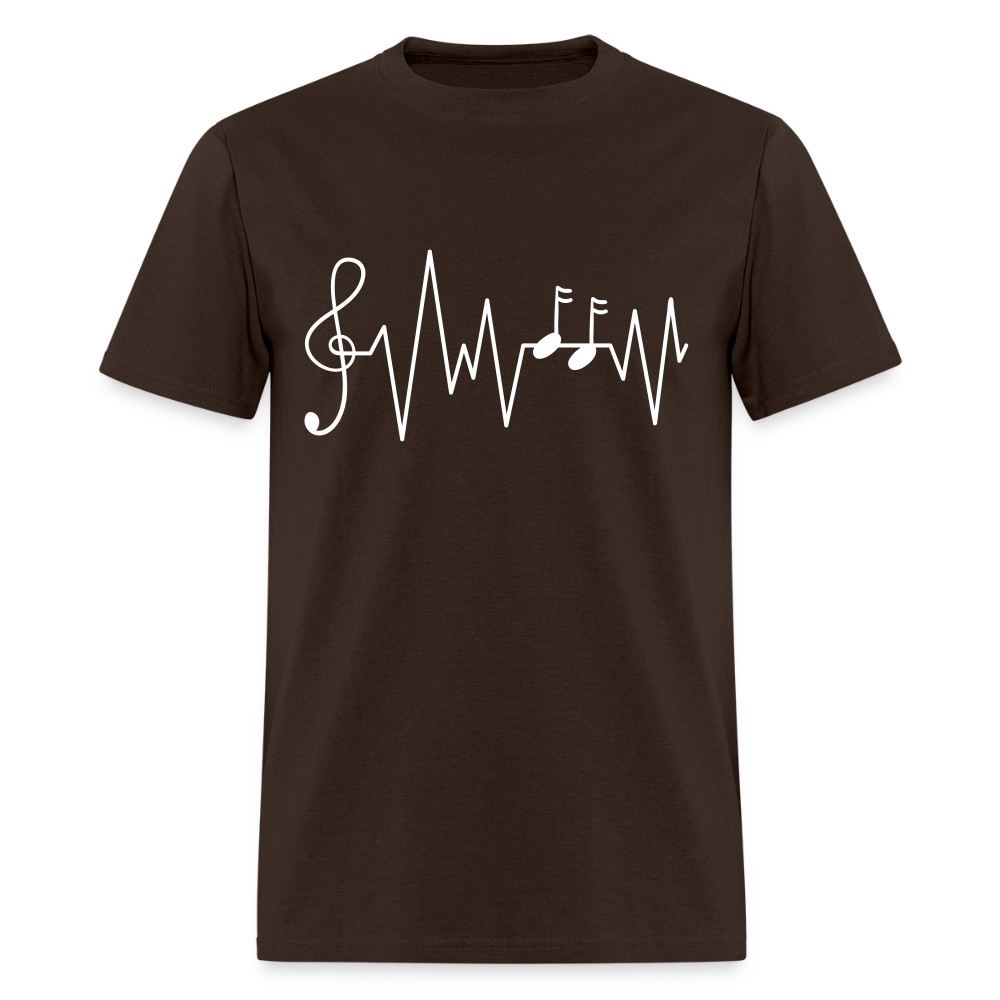 Brown Ink & Harmony t-shirt featuring a white musical heartbeat design.