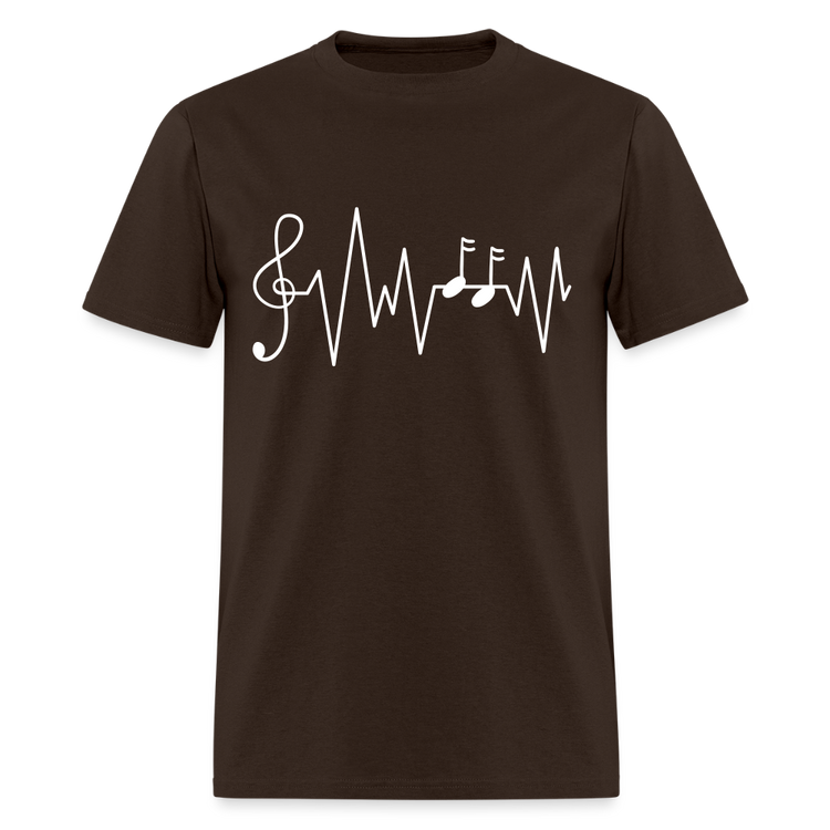 Brown Ink & Harmony t-shirt featuring a white musical heartbeat design.