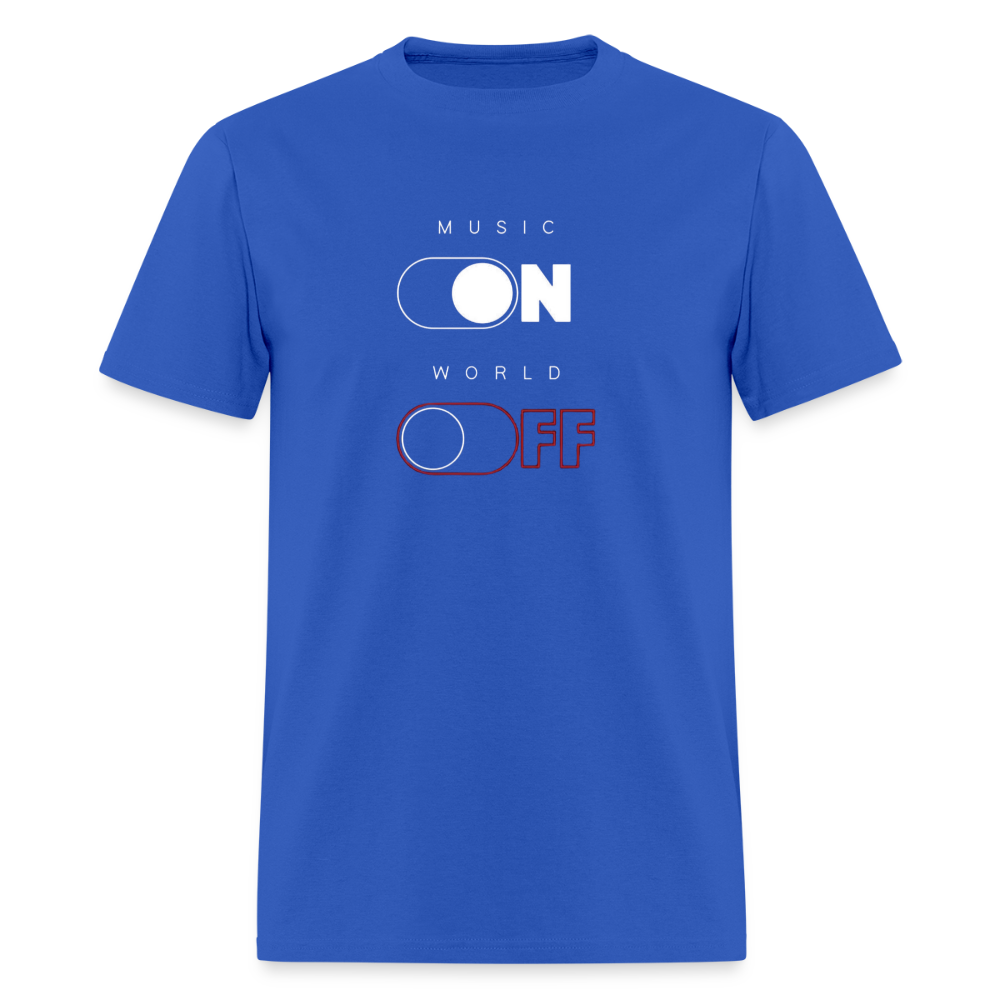 Royal blue T-shirt with Music ON-World OFF design.