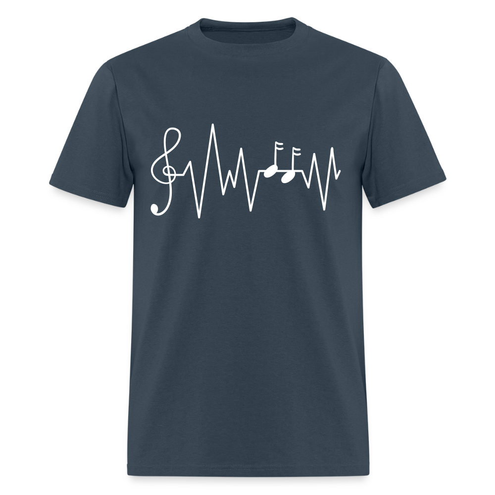 Ink & Harmony blue dusk t-shirt with musical heartbeat graphic.