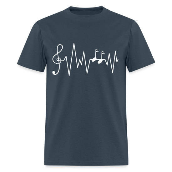 Ink & Harmony blue dusk t-shirt with musical heartbeat graphic.