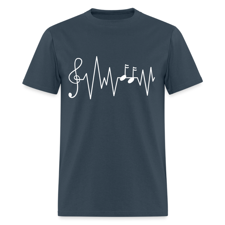 Ink & Harmony blue dusk t-shirt with musical heartbeat graphic.