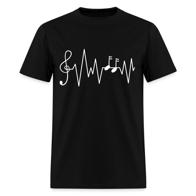 Ink & Harmony black t-shirt with musical heartbeat design.