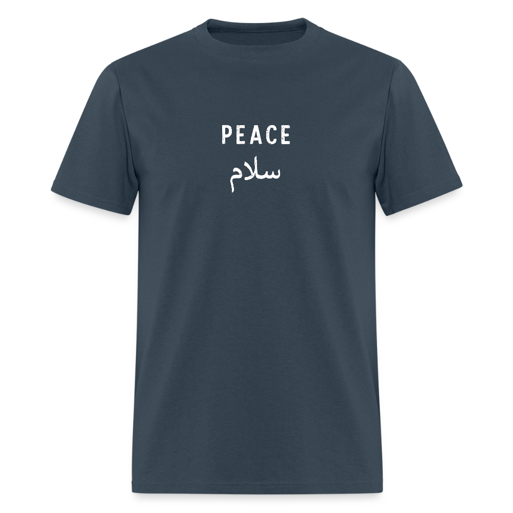 Blue dusk Peace T-shirt featuring white text graphic.