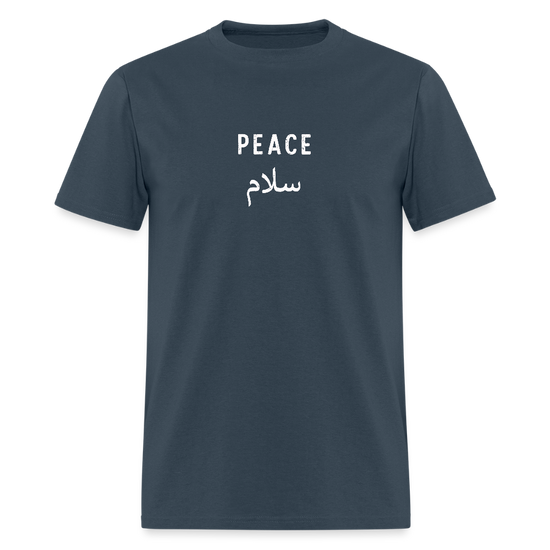 Blue dusk Peace T-shirt featuring white text graphic.