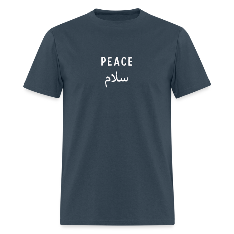 Blue dusk Peace T-shirt featuring white text graphic.