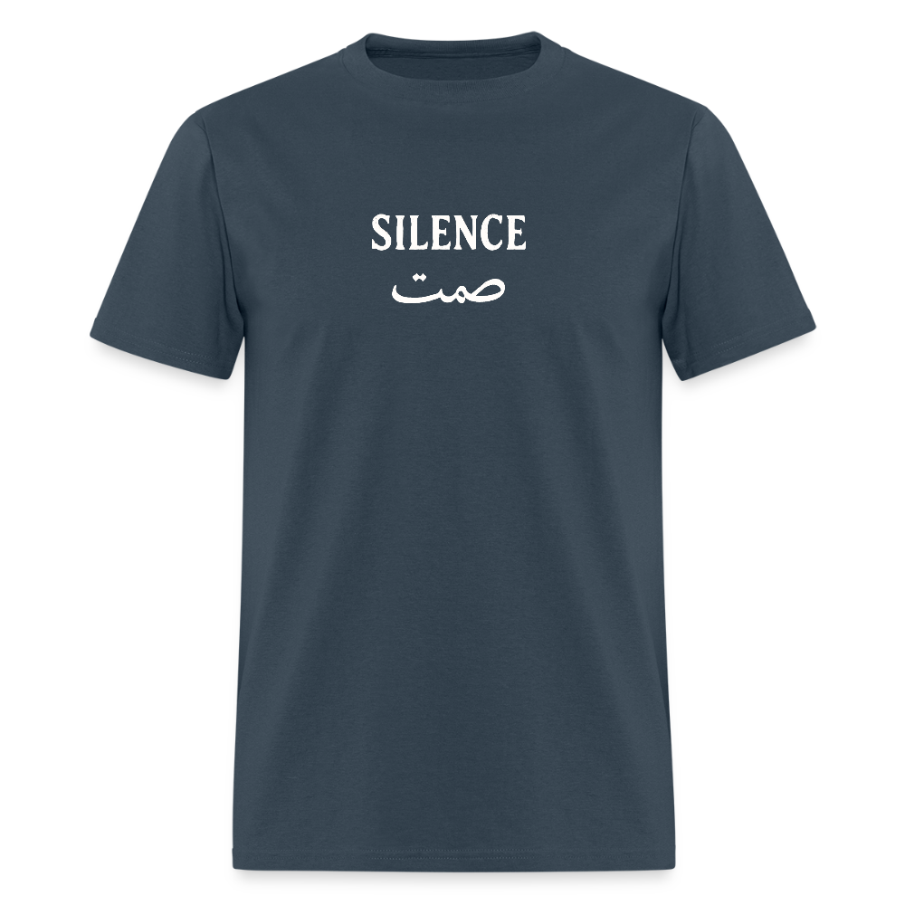 Blue dusk Silence T-shirt with white text, relaxed and comfortable.