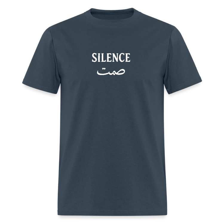 Blue dusk Silence T-shirt with white text, relaxed and comfortable.