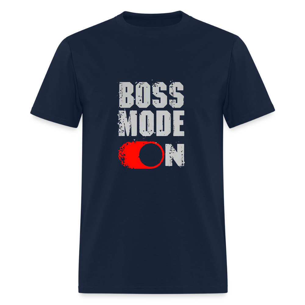 Navy blue Boss Mode On t-shirt, relaxed and durable.