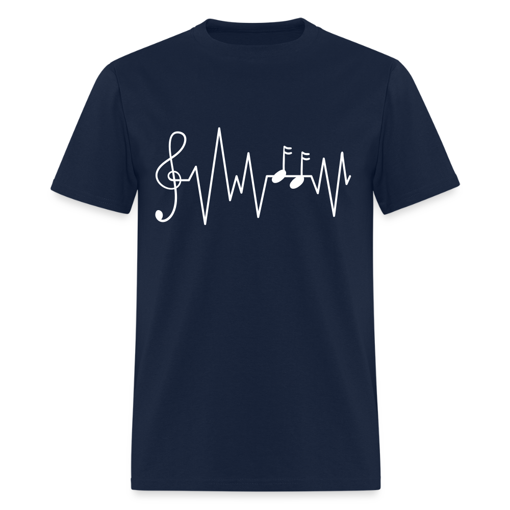 Navy Ink & Harmony t-shirt with a musical note heartbeat illustration.